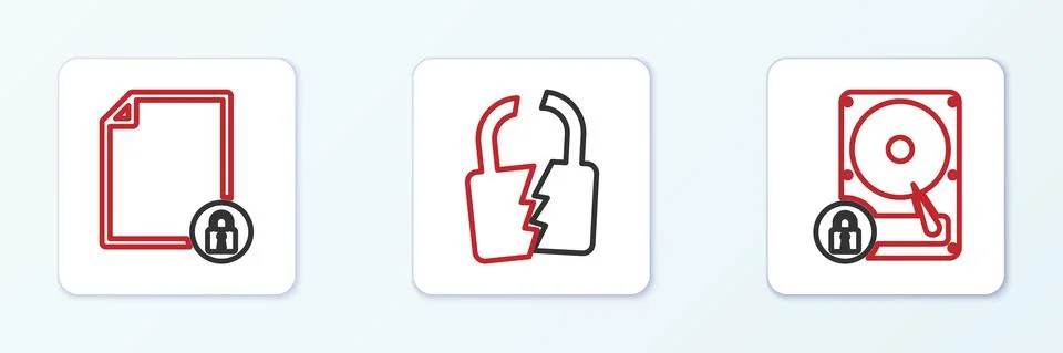 Set line Hard disk drive and lock, Document and Broken or cracked icon. Vector Illustrazione stock
