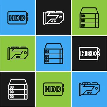 Set line Hard disk drive HDD, Server, Data, Web Hosting and Video graphic card Illustrazione stock