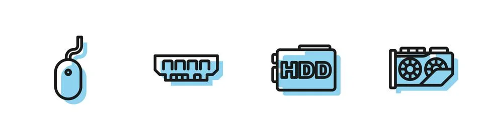 Set line Hard disk drive HDD, Computer mouse, RAM, random access memory and Stock Illustration