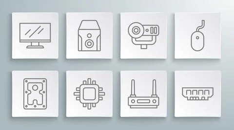 Set line Hard disk drive HDD, Uninterruptible power supply, Processor with CPU Stock Illustration