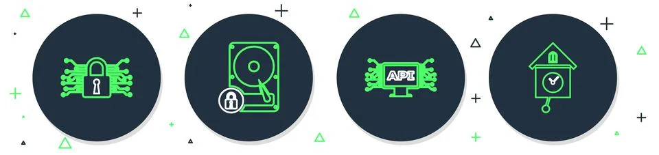 Set line Hard disk drive and lock, Computer api interface, Cyber security and イラスト素材