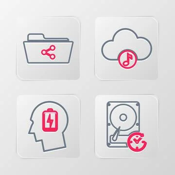Set line Hard disk drive with clockwise, Head low battery, Music streaming Stock Illustration