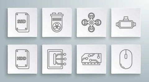 Set line Hard disk drive HDD, Video graphic card, Tablet, RAM, random access Stock Illustration
