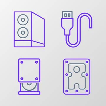 Set line Hard disk drive HDD, Optical disc, USB cable cord and Case of computer Stock Illustration