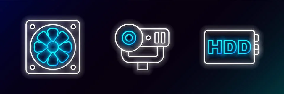 Set line Hard disk drive HDD, Computer cooler and Web camera icon. Glowing neon 스톡 일러스트