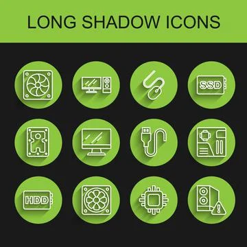 Set line Hard disk drive HDD, Computer cooler, Processor with CPU, Case of co 스톡 일러스트