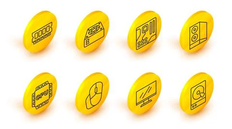 Set line Hard disk drive HDD, Computer monitor screen, mouse, Processor with  イラスト素材