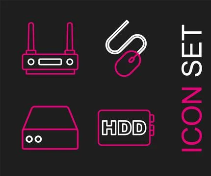 Set line Hard disk drive HDD, Server, Data, Web Hosting, Computer mouse and R Stock Illustration