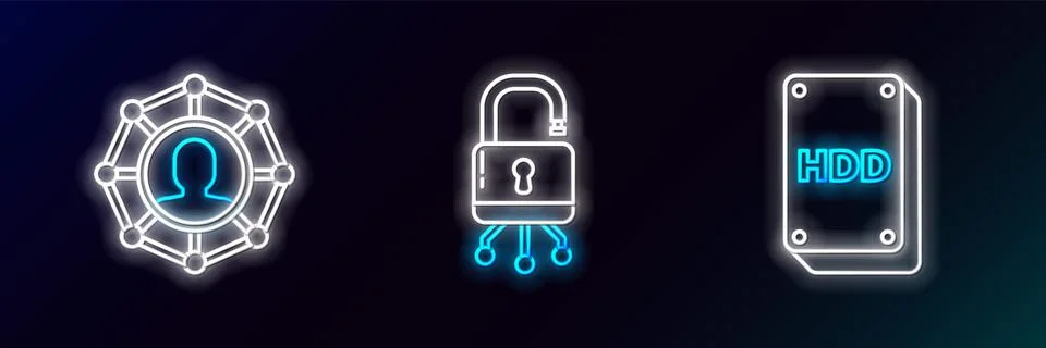 Set line Hard disk drive HDD, Project team base and Lock on digital circuit b Stock Illustration