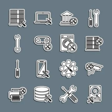 Set line Hard disk drive service, Security camera, Database server, Bank buil イラスト素材