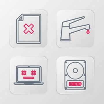 Set line Hard disk drive HDD, Dead laptop, Water tap and Delete file document Stock Illustration