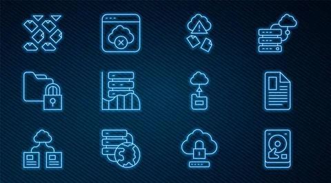 Set line Hard disk drive HDD, File document, Cloud hacking, Server, Data, Web Stock Illustration