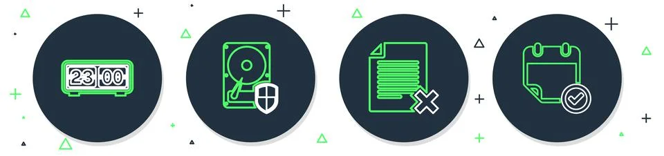 Set line Hard disk drive HDD protection, Delete file document, Retro flip clock Stock Illustration