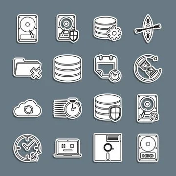 Set line Hard disk drive HDD, sync refresh, Waiting, Setting database server, Stock Illustration