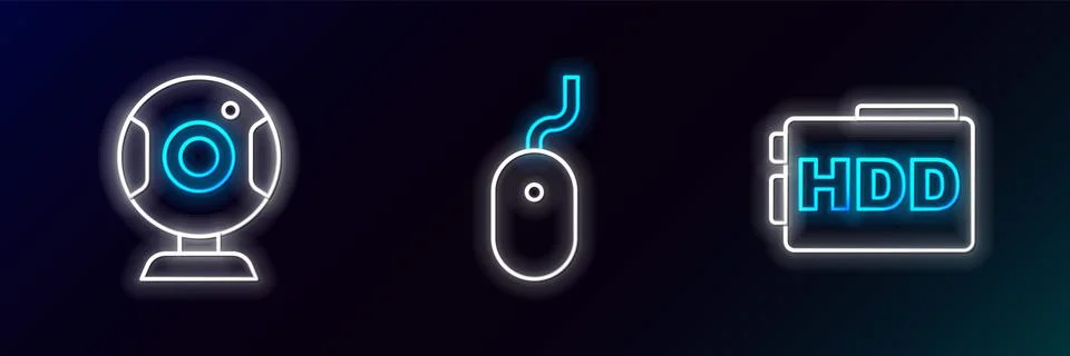 Set line Hard disk drive HDD, Web camera and Computer mouse icon. Glowing neo Illustrazione stock