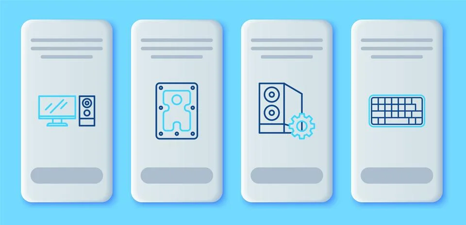 Set line Hard disk drive HDD, Case of computer, Computer monitor and Keyboard Stock Illustration