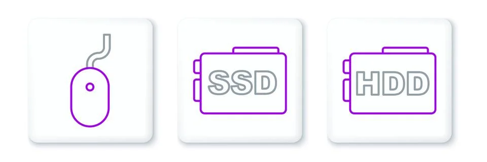 Set line Hard disk drive HDD, Computer mouse and SSD card icon. Vector Stockillustratie