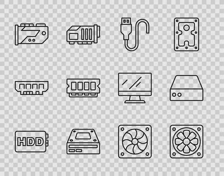 Set line Hard disk drive HDD, Computer cooler, USB cable cord, Optical disc Stock Illustration
