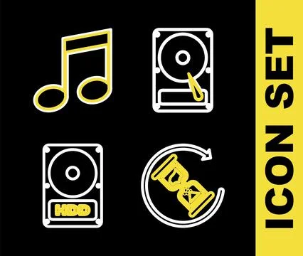 Set line Hard disk drive HDD, Waiting, and Music note, tone icon. Vector Stock Illustration