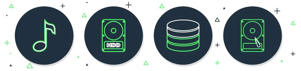 Set line Hard disk drive HDD, Database, Music note, tone and icon. Vector 스톡 일러스트