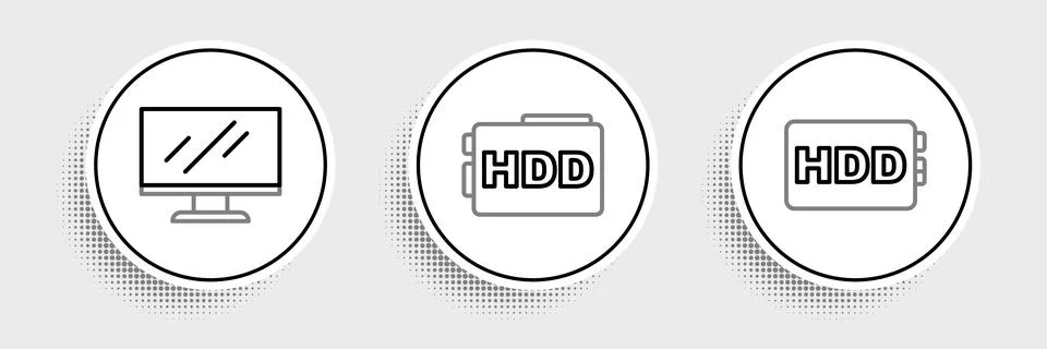 Set line Hard disk drive HDD, Computer monitor screen and icon. Vector イラスト素材
