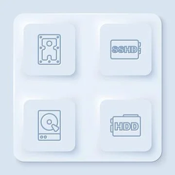 Set line Hard disk drive HDD, SSHD card, and . White square button. Vector Stockillustratie