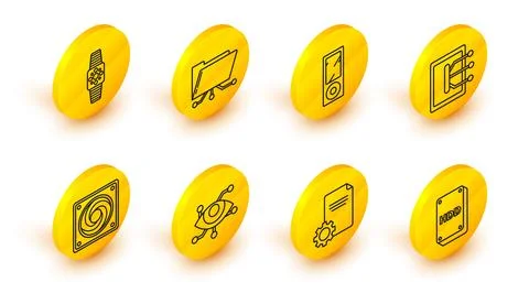 Set line Hard disk drive HDD, File document, Virtual reality, Computer cooler Stock Illustration