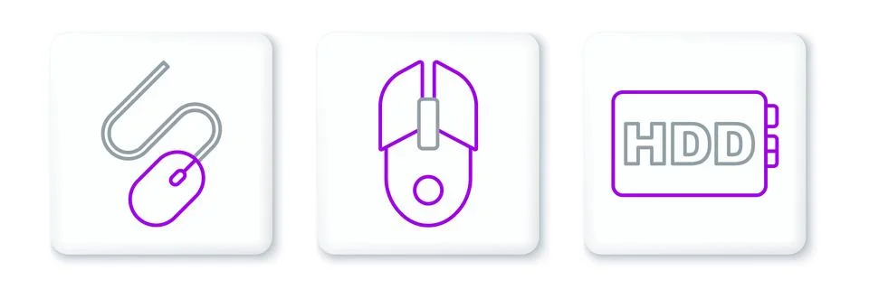 Set line Hard disk drive HDD, Computer mouse and icon. Vector Illustrazione stock