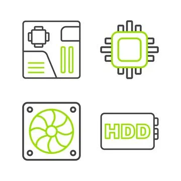 Set line Hard disk drive HDD, Computer cooler, Processor with CPU and 스톡 일러스트