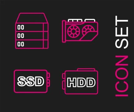 Set line Hard disk drive HDD, SSD card, Video graphic and Server, Data, Web Stock Illustration