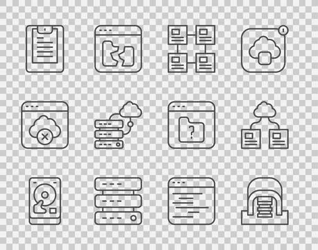 Set line Hard disk drive HDD, Hangar with servers, Hierarchy organogram chart Illustrazione stock