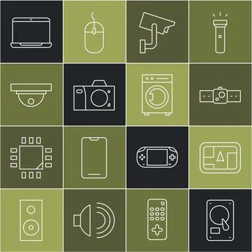 Set line Hard disk drive HDD, Gps device with map, Smartwatch, Security cam.. Stock-Illustration