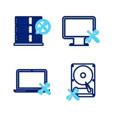 Set line Hard disk drive service Laptop Computer monitor and Database server  Illustrazione stock