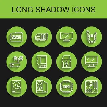 Set line Hard disk drive HDD, Case of computer, SSD card, Processor with CPU 스톡 일러스트