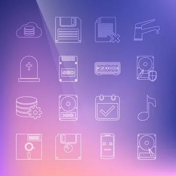 Set line Hard disk drive HDD, Music note, tone, protection, Delete file doc.. Stock Illustration