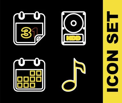 Set line Hard disk drive HDD, Music note, tone, Calendar and  icon. Vector Stock Illustration