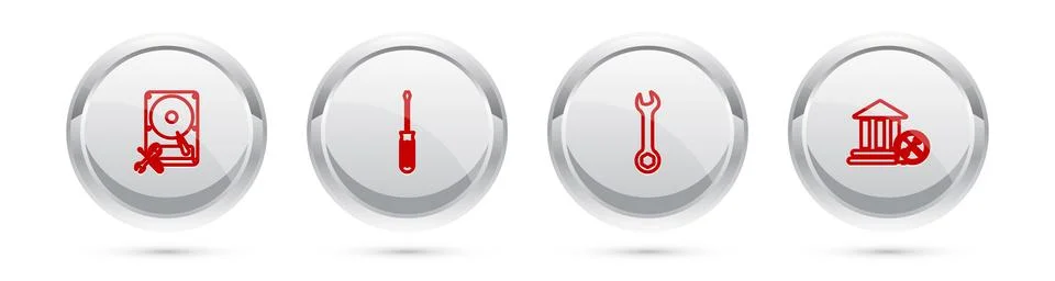 Set line Hard disk drive service, Screwdriver, Wrench and Bank building. Silv Stock Illustration