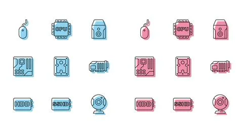 Set line Hard disk drive HDD, SSHD card, Computer mouse, Web camera, Video .. Stock Illustration