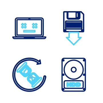 Set line Hard disk drive HDD, Waiting, Floppy backup and Dead laptop icon. .. Stock Illustration
