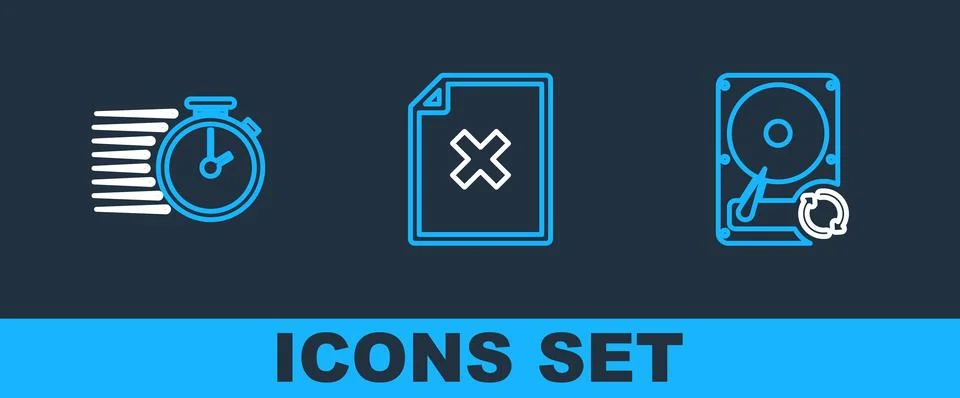 Set line Hard disk drive HDD sync refresh, Stopwatch and Delete file docume.. Ilustración de archivo