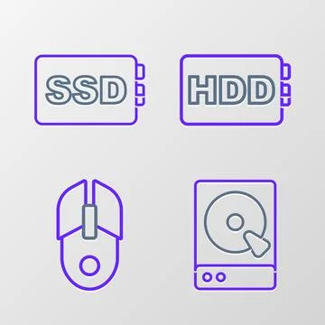 Set line Hard disk drive HDD, Computer mouse, and SSD card icon. Vector Stock Illustration