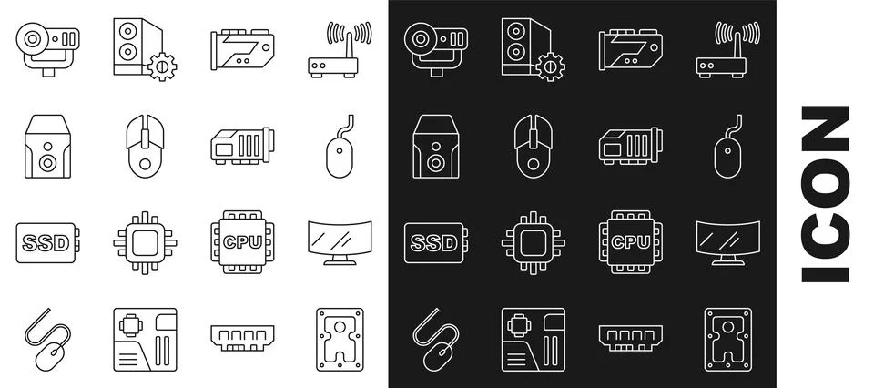 Set line Hard disk drive HDD, Computer monitor screen, mouse, Video graphic.. Illustrazione stock
