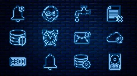Set line Hard disk drive HDD, Cloud sync refresh, Water tap, Alarm clock, D.. Stock Illustration