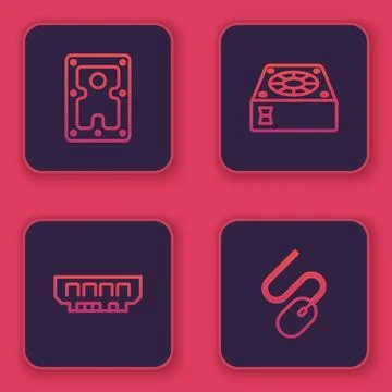 Set line Hard disk drive HDD, RAM, random access memory, Computer cooler an.. Illustrazione stock