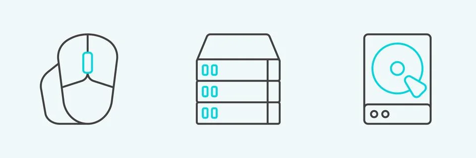 Set line Hard disk drive HDD, Computer mouse and Server, Data, Web Hosting .. 스톡 일러스트