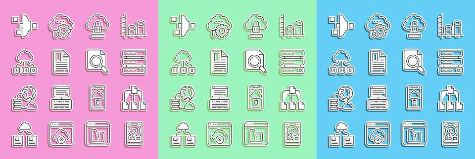 Set line Hard disk drive HDD, Folder tree, Server, Data, Web Hosting, Cloud.. Stock Illustration