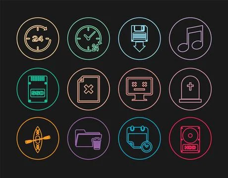 Set line Hard disk drive HDD, Tombstone with cross, Floppy backup, Delete f.. Stockillustratie