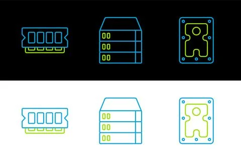Set line Hard disk drive HDD, RAM, random access memory and Server, Data, W.. Illustrazione stock