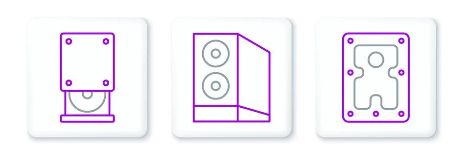 Set line Hard disk drive HDD, Optical disc and Case of computer icon. Vector Illustrazione stock
