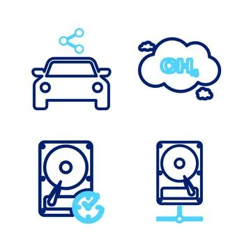 Set line Hard disk drive on sharing network, with clockwise, Methane emissi.. Stock Illustration